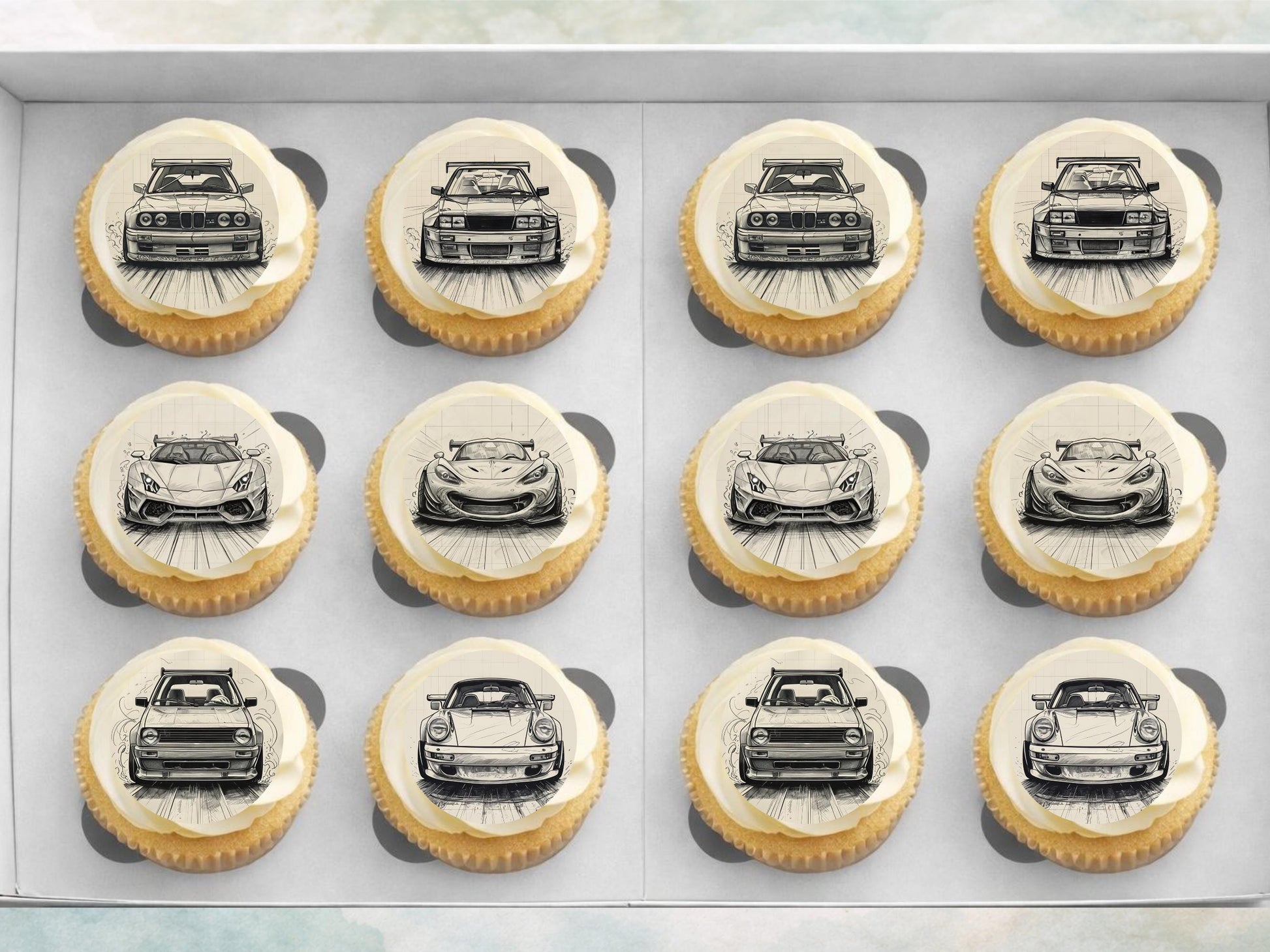 Sports Car Edible Cupcake Toppers – Pre-Cut 2" (Wafer Paper, Card or Icing)