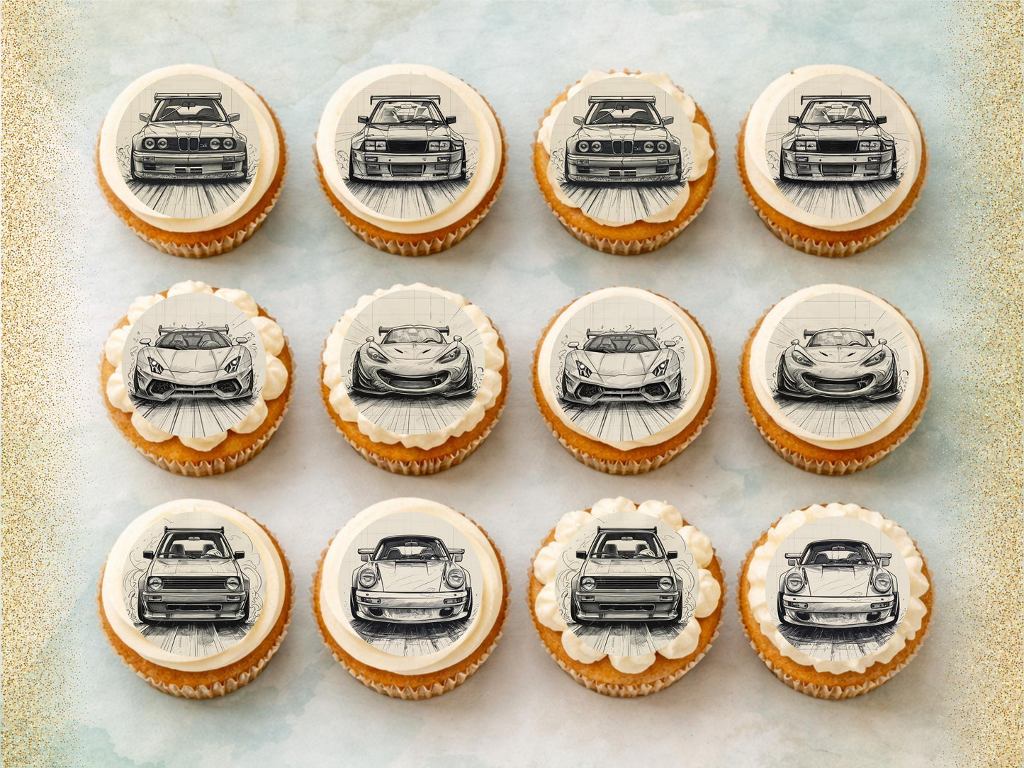 Sports Car Edible Cupcake Toppers – Pre-Cut 2" (Wafer Paper, Card or Icing)
