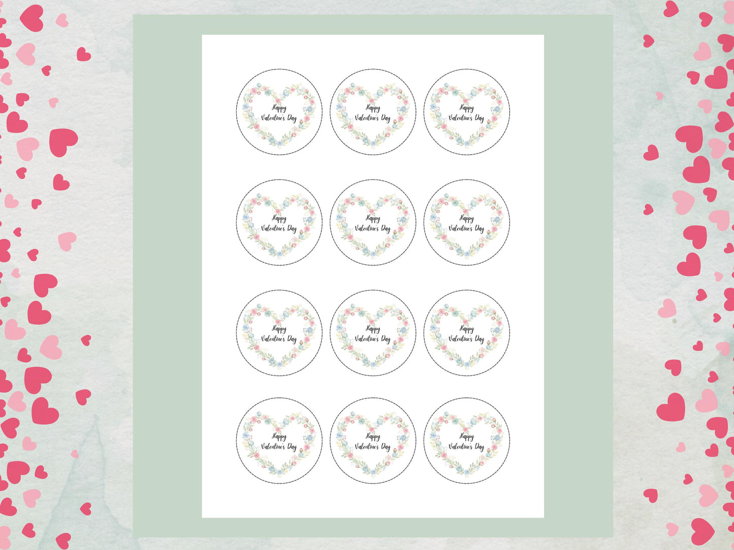 Happy Valentines Day Floral Heart Edible Cupcake Toppers 12 x 2"