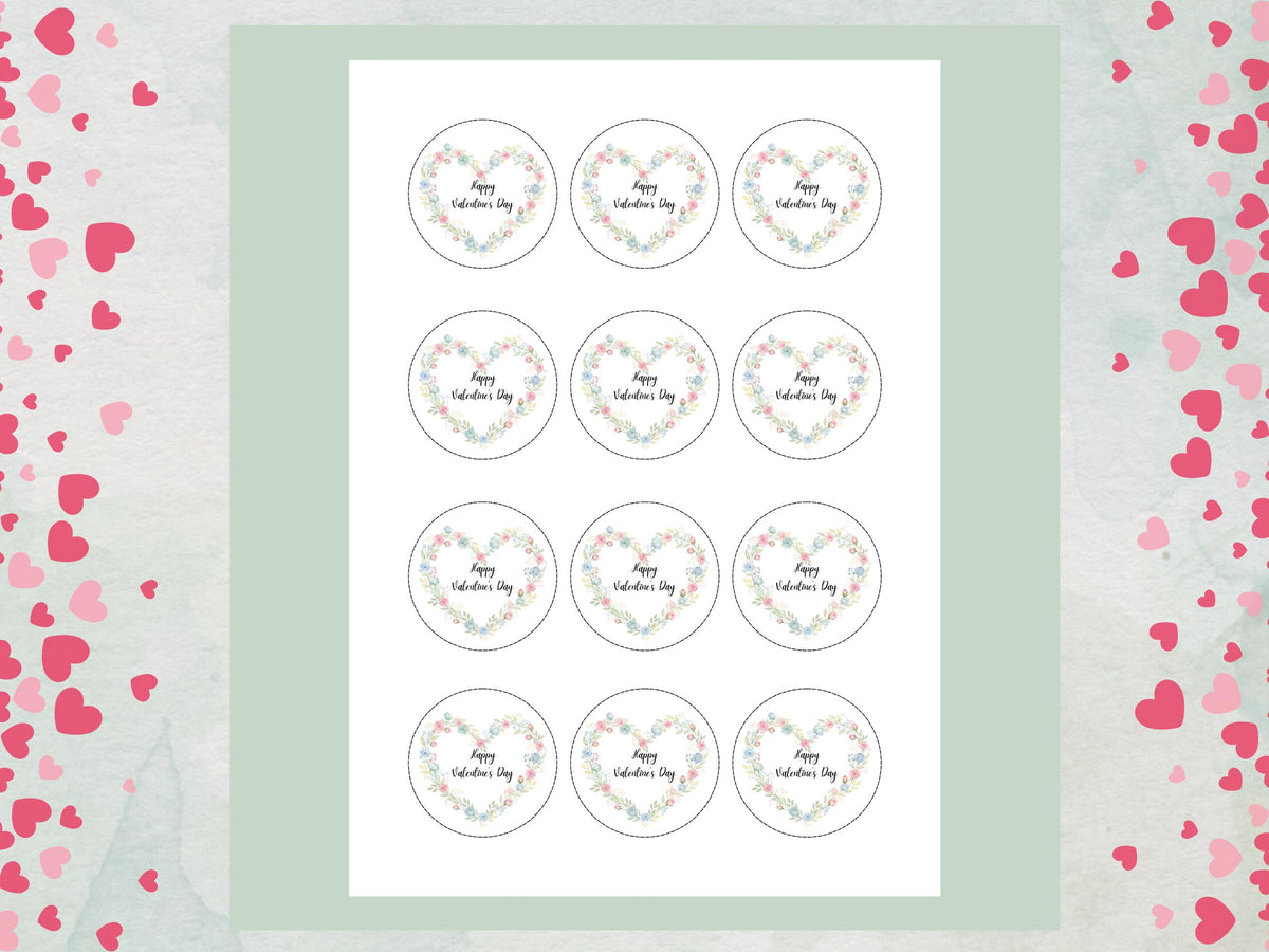 Happy Valentines Day Floral Heart Edible Cupcake Toppers 12 x 2"