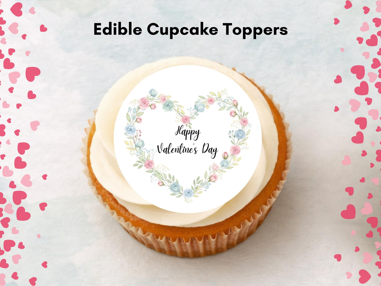 Happy Valentines Day Floral Heart Edible Cupcake Toppers 12 x 2"