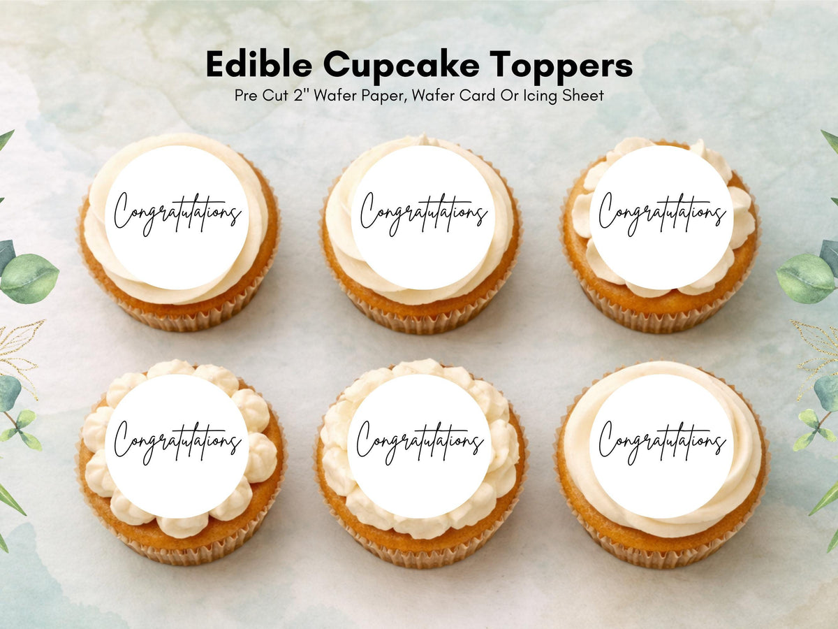 Congratulations Edible Cupcake Toppers – Precut Wafer Paper, Card, or Icing