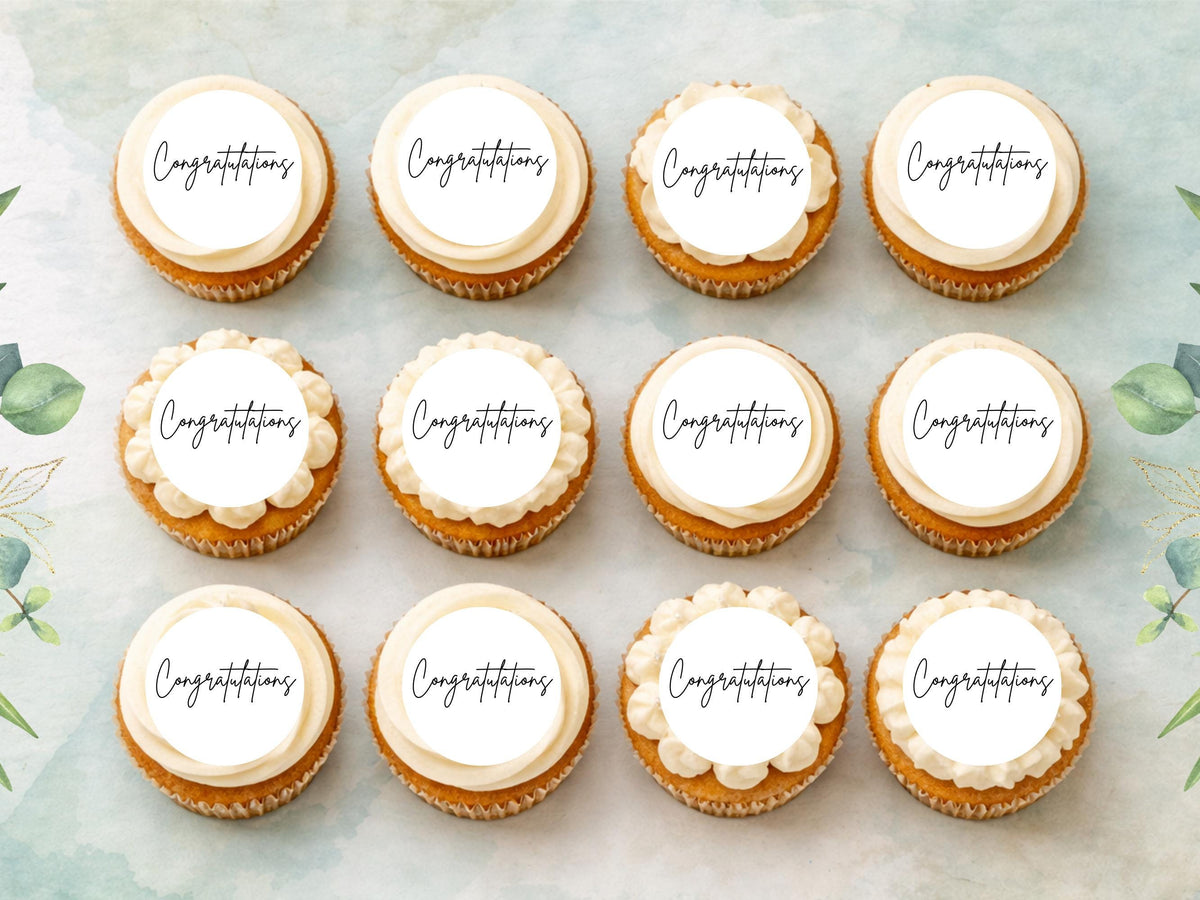 Congratulations Edible Cupcake Toppers – Precut Wafer Paper, Card, or Icing