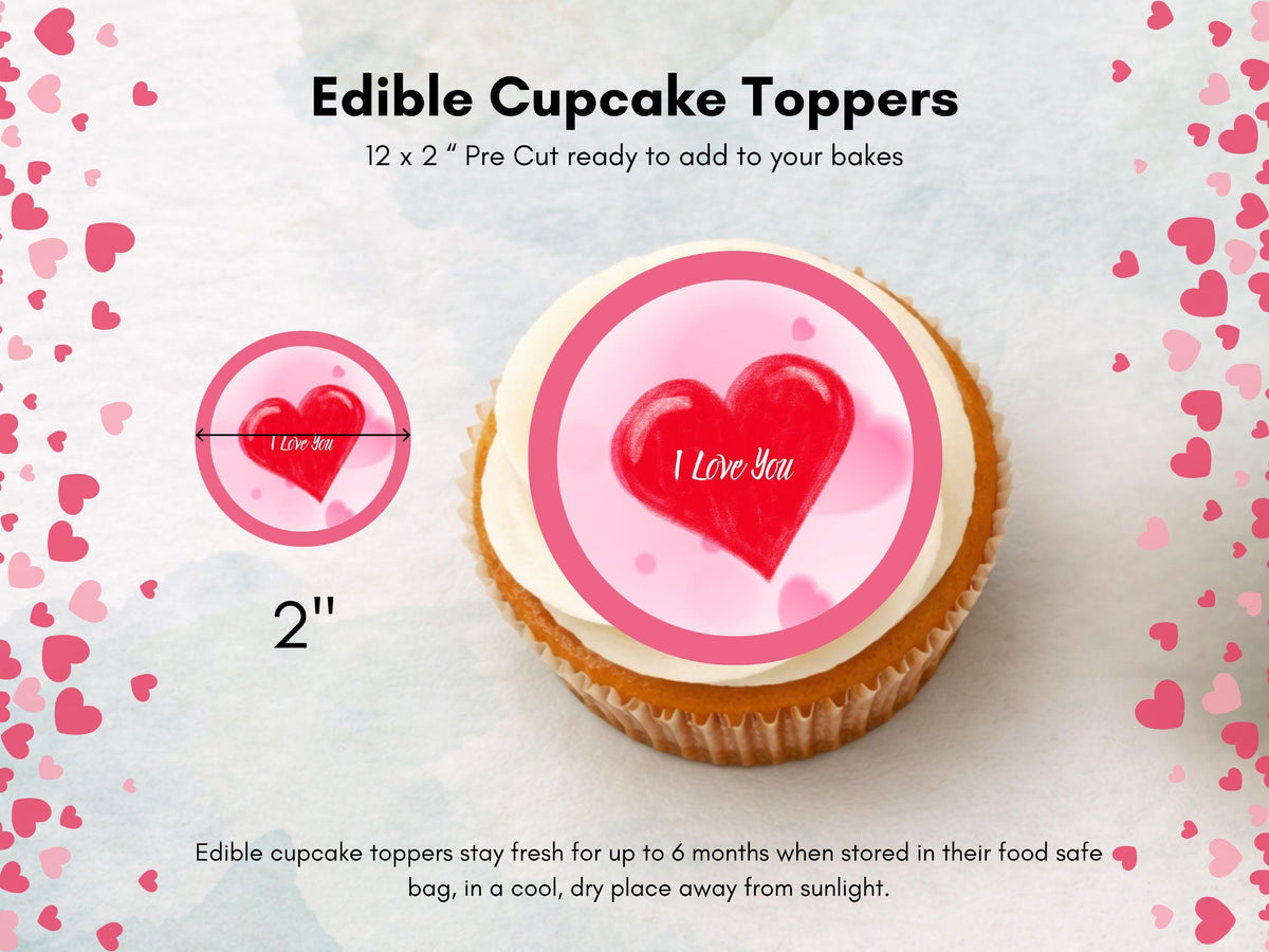 Heart Valentines Day Edible Cupcake Toppers, I Love You Valentine Toppers