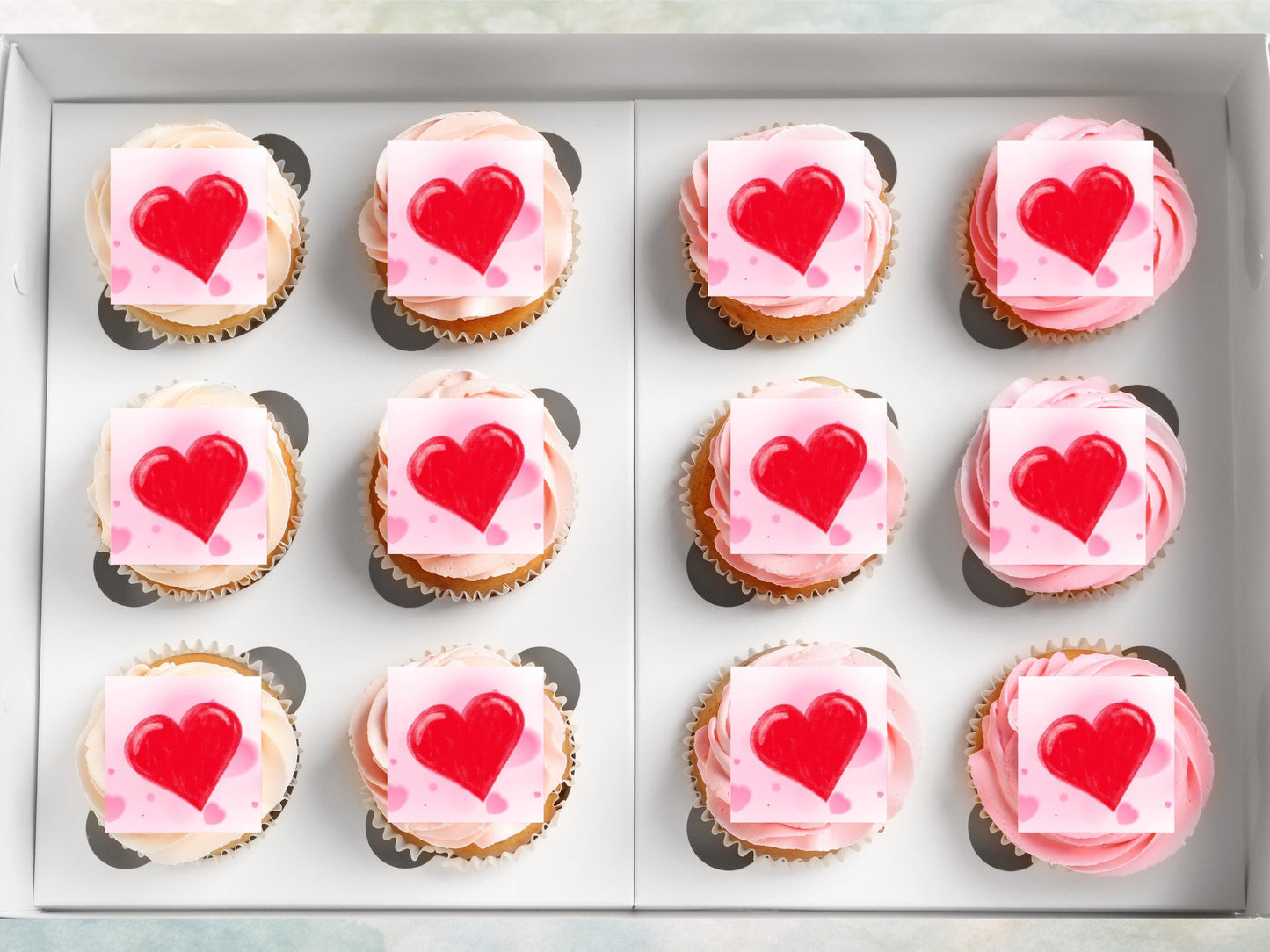Love Heart Edible Cupcake Toppers 12 x 2" Squares, Valentines Cake Topper