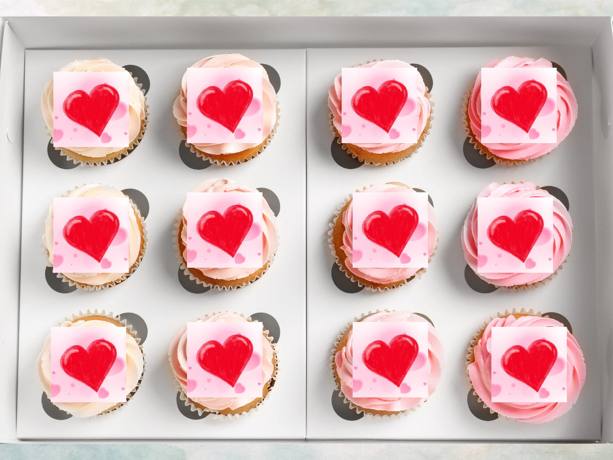 Love Heart Edible Cupcake Toppers 12 x 2" Squares, Valentines Cake Topper