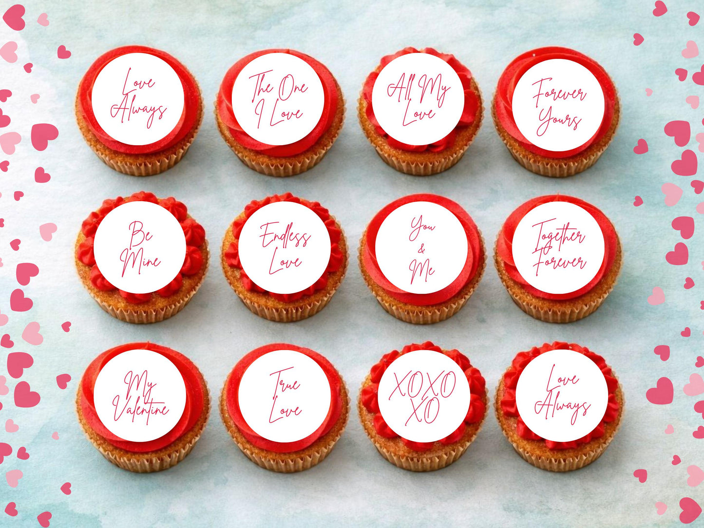 Valentines Edible Cupcake Toppers 12 x 2", love message toppers