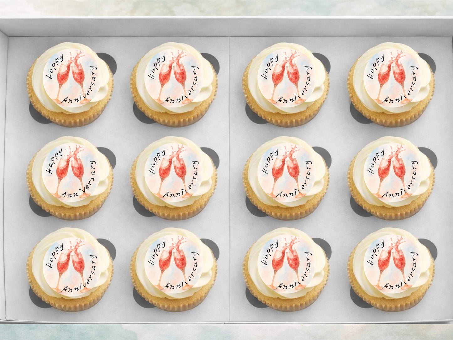 Happy Anniversary Edible Cupcake Toppers – Pre-Cut 2" (Wafer Paper, Card or Icing Sheet)