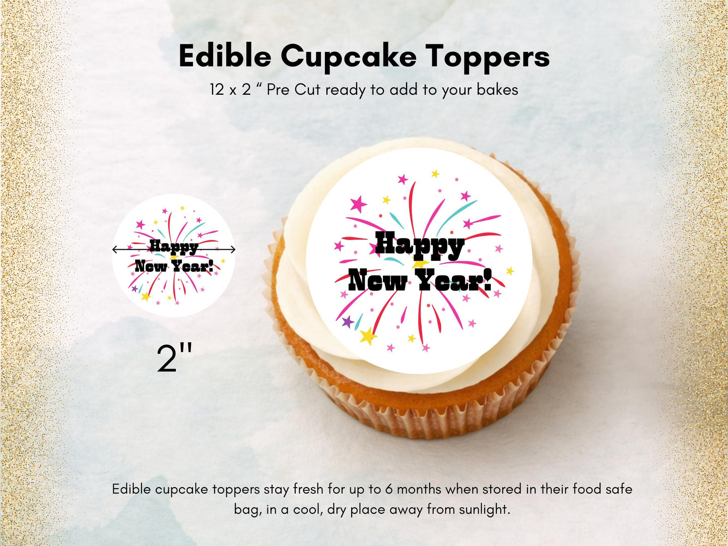 Happy New Year Edible Cupcake Toppers – Pre-Cut 2" (Wafer Paper, Card, Icing Sheet)
