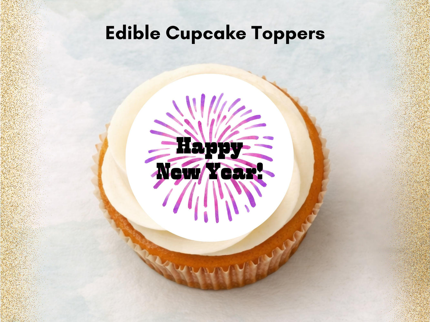 Happy New Year Edible Cupcake Toppers – Pre-Cut 2" (Wafer Paper, Card, Icing Sheet)