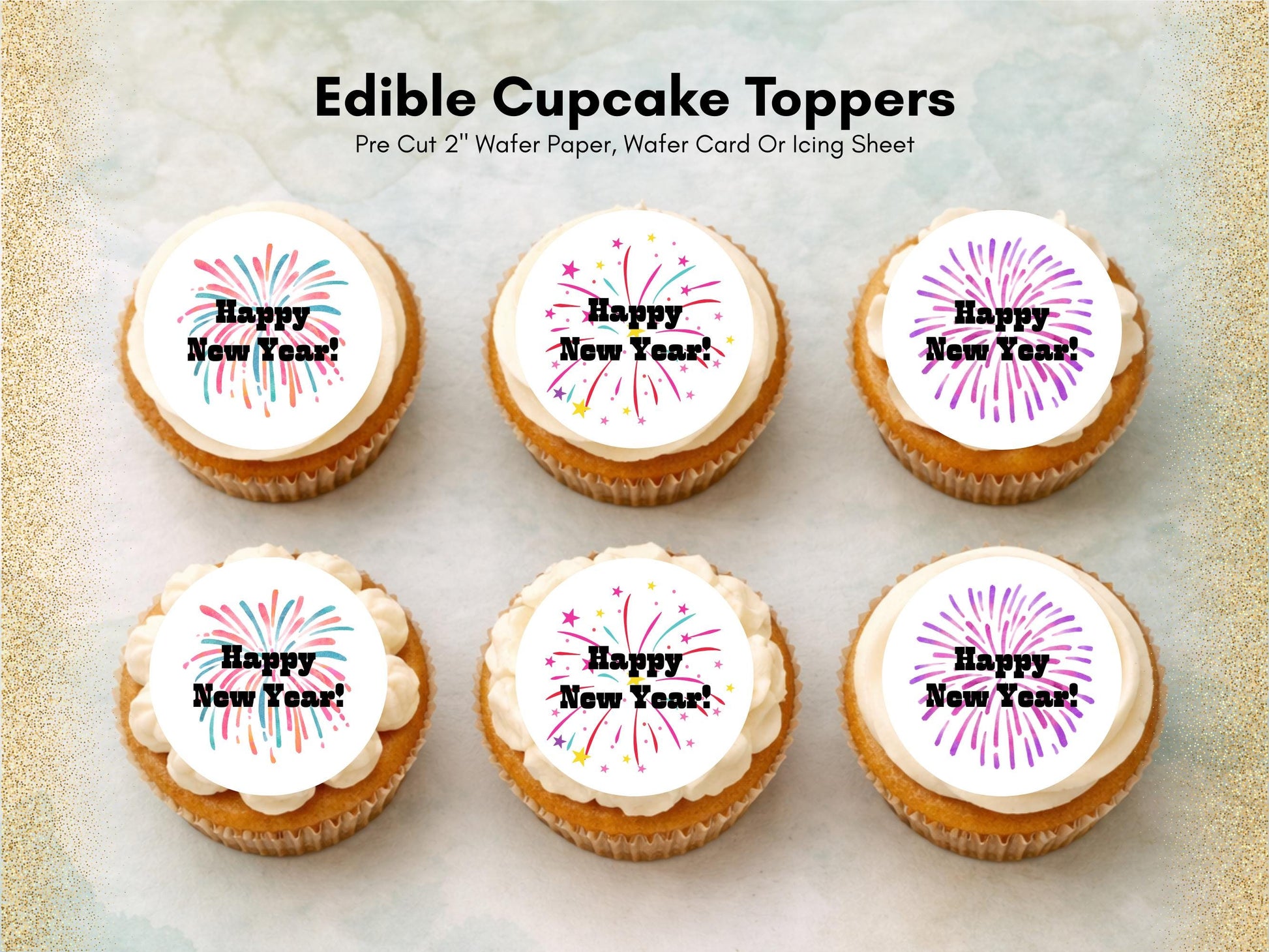 Happy New Year Edible Cupcake Toppers – Pre-Cut 2" (Wafer Paper, Card, Icing Sheet)