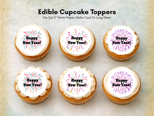 Happy New Year Edible Cupcake Toppers – Pre-Cut 2" (Wafer Paper, Card, Icing Sheet)