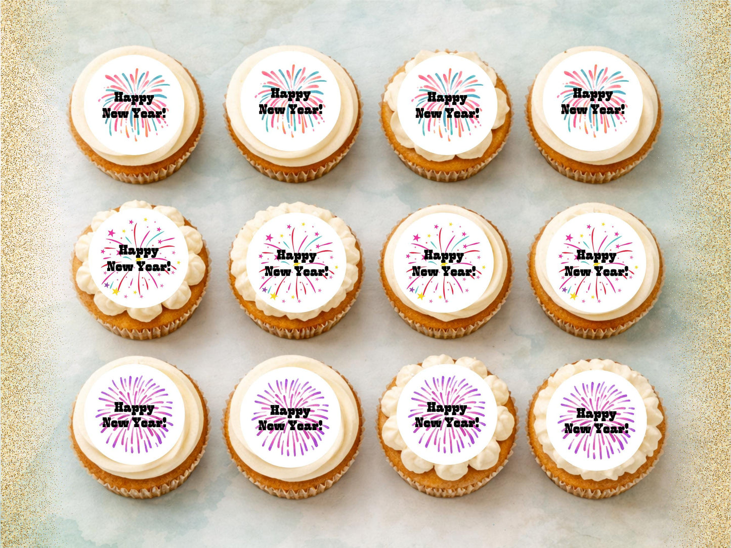 Happy New Year Edible Cupcake Toppers – Pre-Cut 2" (Wafer Paper, Card, Icing Sheet)