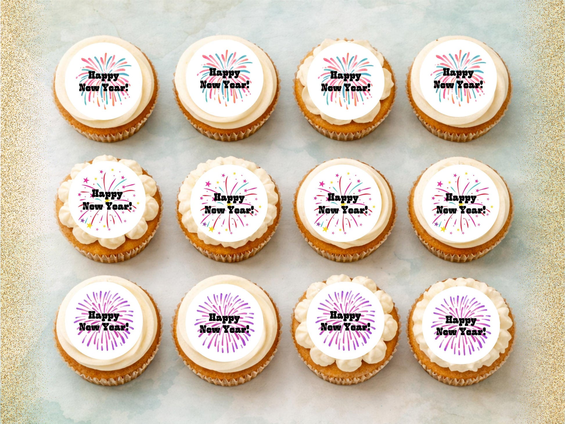 Happy New Year Edible Cupcake Toppers – Pre-Cut 2" (Wafer Paper, Card, Icing Sheet)