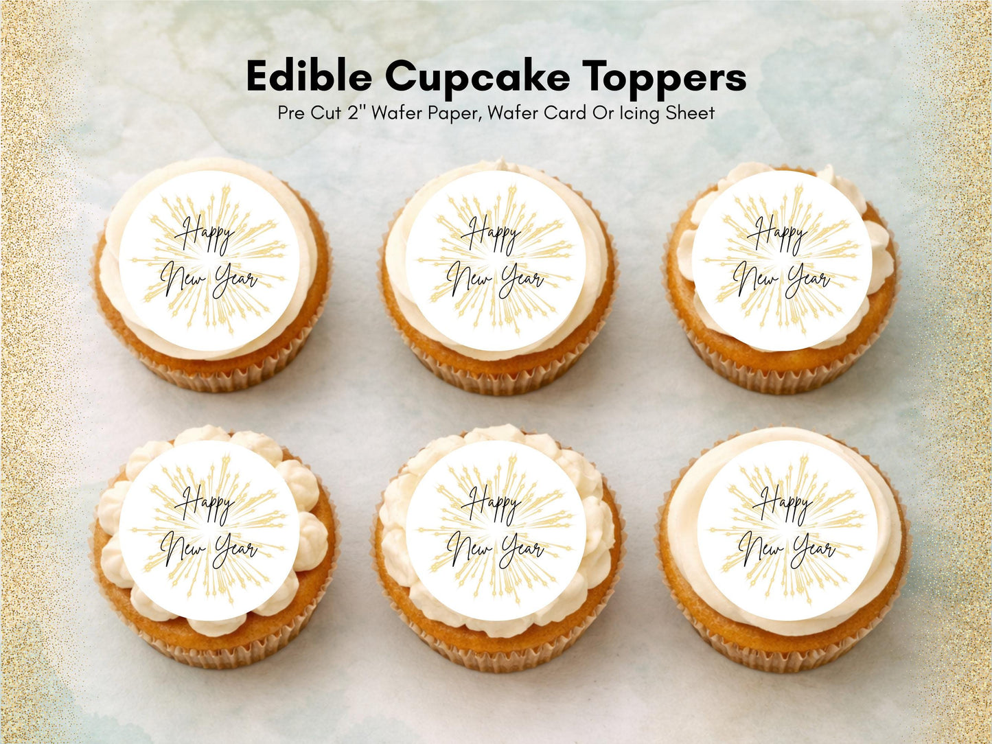 Happy New Year Edible Cupcake Toppers – Pre-Cut 2" (Wafer Paper, Card, Icing Sheet)
