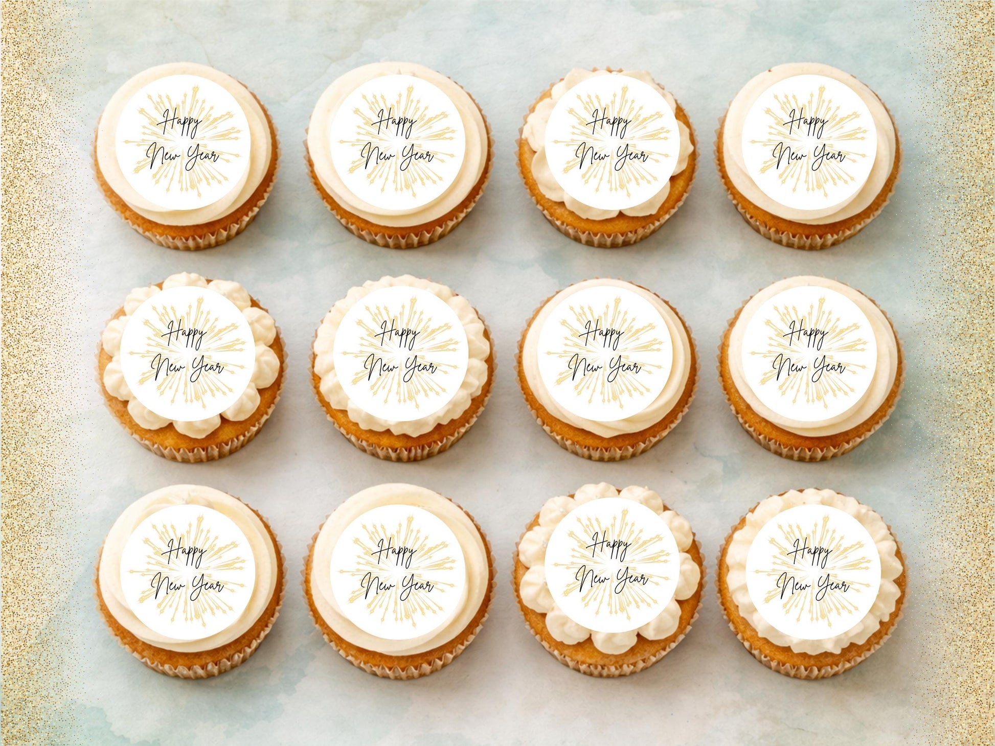 Happy New Year Edible Cupcake Toppers – Pre-Cut 2" (Wafer Paper, Card, Icing Sheet)