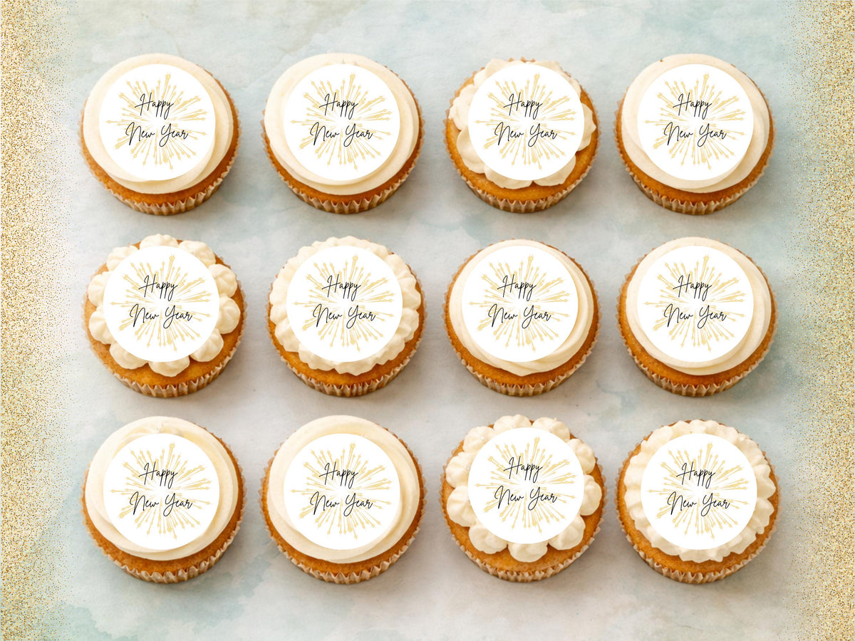 Happy New Year Edible Cupcake Toppers – Pre-Cut 2" (Wafer Paper, Card, Icing Sheet)