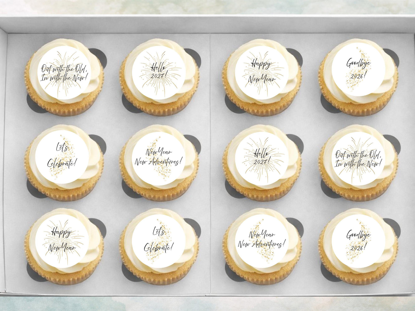 Happy New Year Edible Cupcake Toppers – Pre-Cut 2" (Wafer Paper, Card or Icing Sheet)