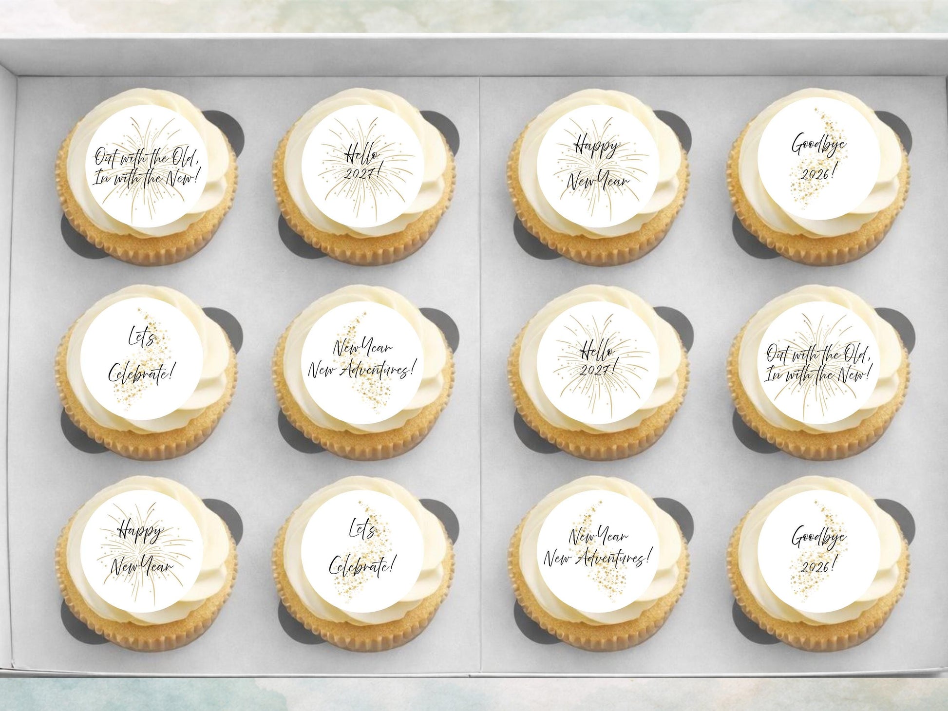 Happy New Year Edible Cupcake Toppers – Pre-Cut 2" (Wafer Paper, Card or Icing Sheet)