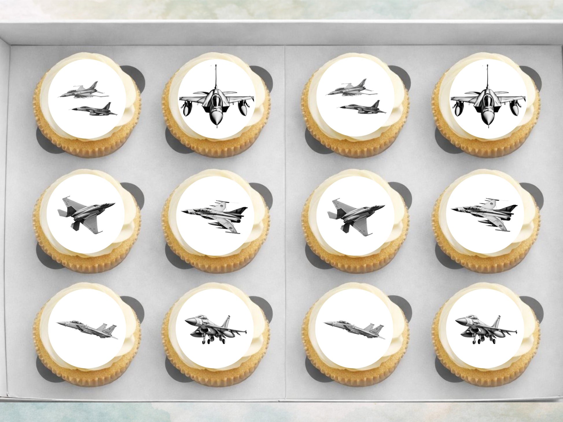 Jet Edible Cupcake Toppers 12 x 2"– Pre cut Wafer Paper, Card or Icing Sheet, Jet Airshow Cake and Cookie Decorations