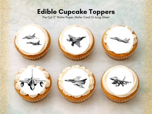 Jet Edible Cupcake Toppers 12 x 2"– Pre cut Wafer Paper, Card or Icing Sheet, Jet Airshow Cake and Cookie Decorations