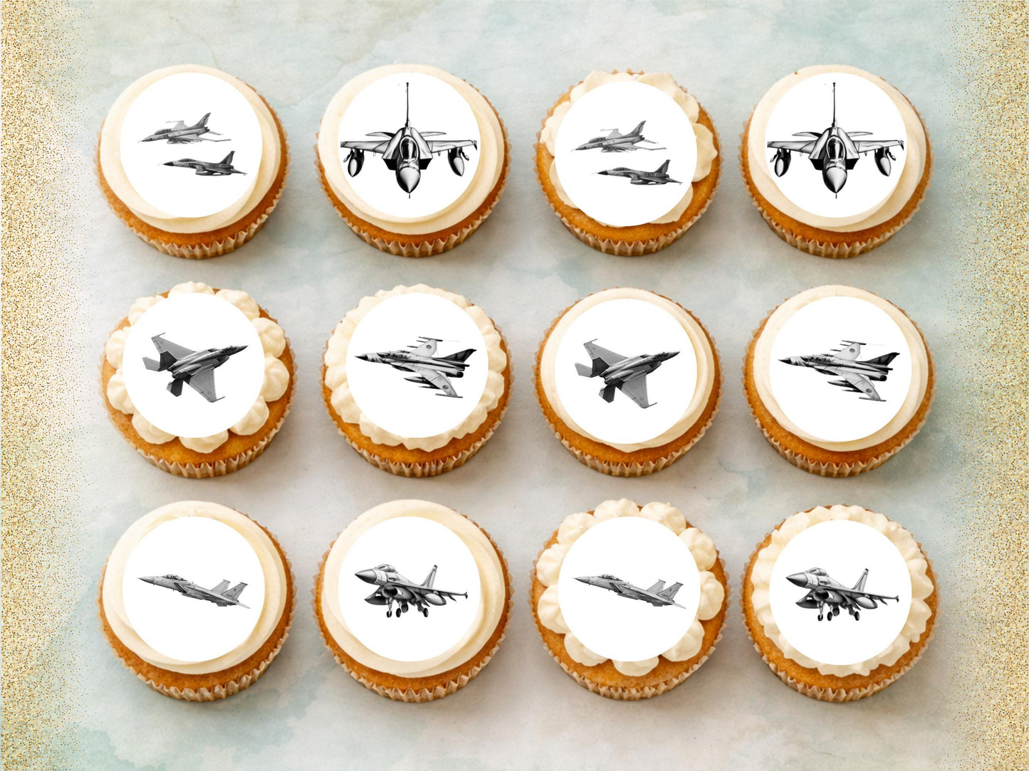 Jet Edible Cupcake Toppers 12 x 2"– Pre cut Wafer Paper, Card or Icing Sheet, Jet Airshow Cake and Cookie Decorations
