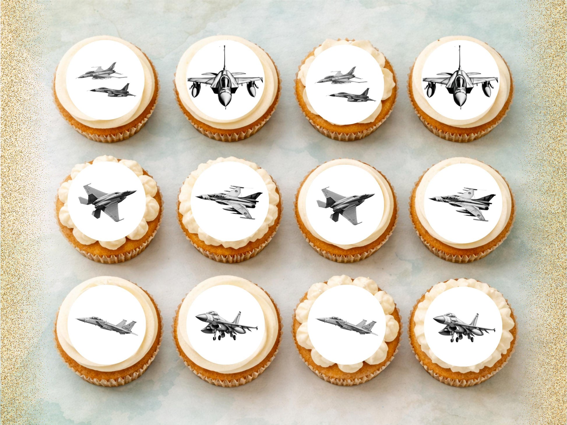 Jet Edible Cupcake Toppers 12 x 2"– Pre cut Wafer Paper, Card or Icing Sheet, Jet Airshow Cake and Cookie Decorations