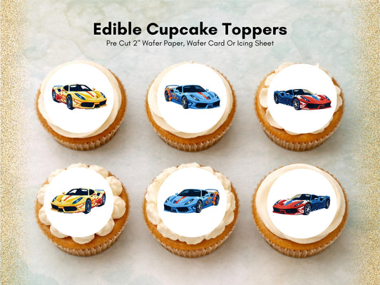 Sports Car Edible Cupcake Toppers - 2" Wafer Paper, Card, Icing Sheet