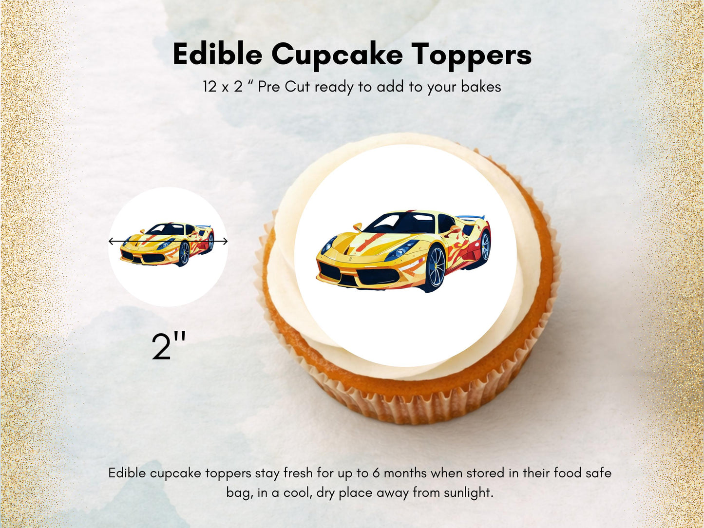 Sports Car Edible Cupcake Toppers - 2" Wafer Paper, Card, Icing Sheet