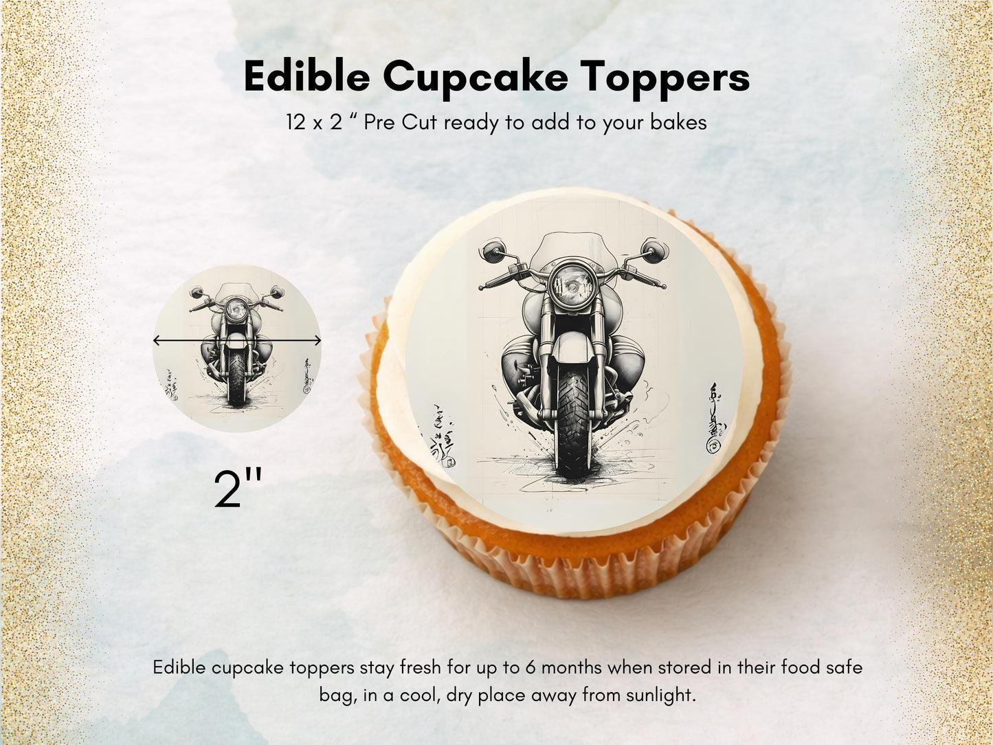 Motorbike Edible Cupcake Toppers 12 x 2" Precut Wafer Paper, Card or Icing Sheet