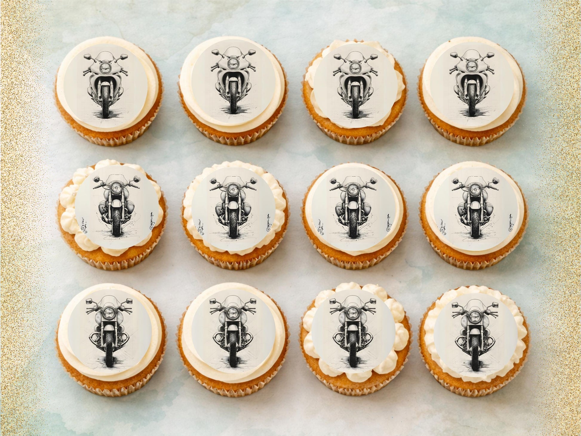 Motorbike Edible Cupcake Toppers 12 x 2" Precut Wafer Paper, Card or Icing Sheet