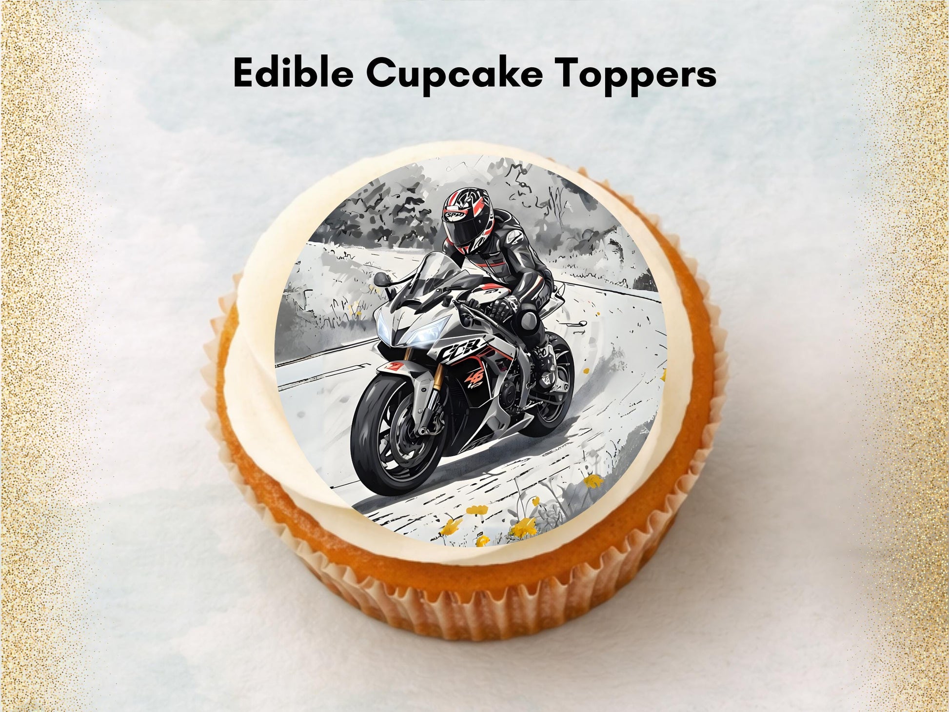 Motorbike Edible Cupcake Toppers 12 x 2" Precut Wafer Paper, Card or Icing Sheet