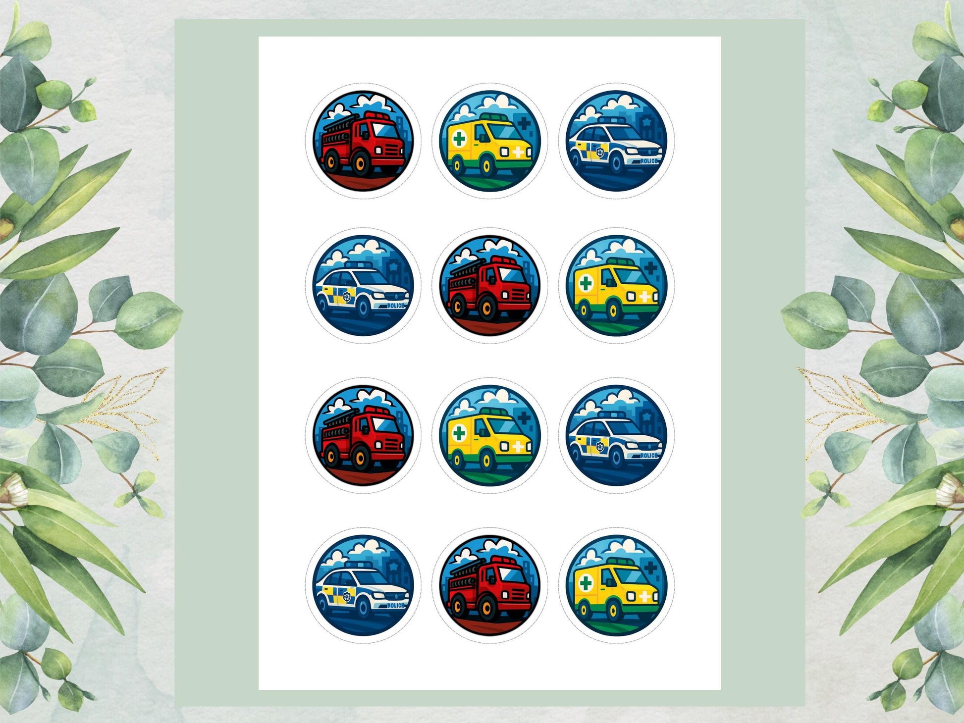Emergency Vehicle Edible Cupcake Toppers – Fire Engine, Ambulance, Police Car (2" Pre-cut)