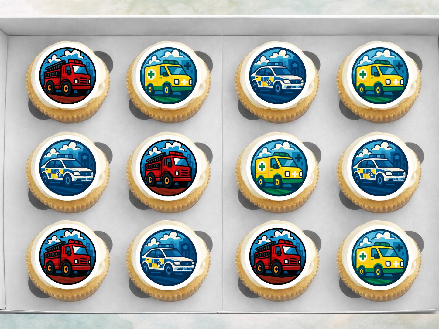 Emergency Vehicle Edible Cupcake Toppers – Fire Engine, Ambulance, Police Car (2" Pre-cut)