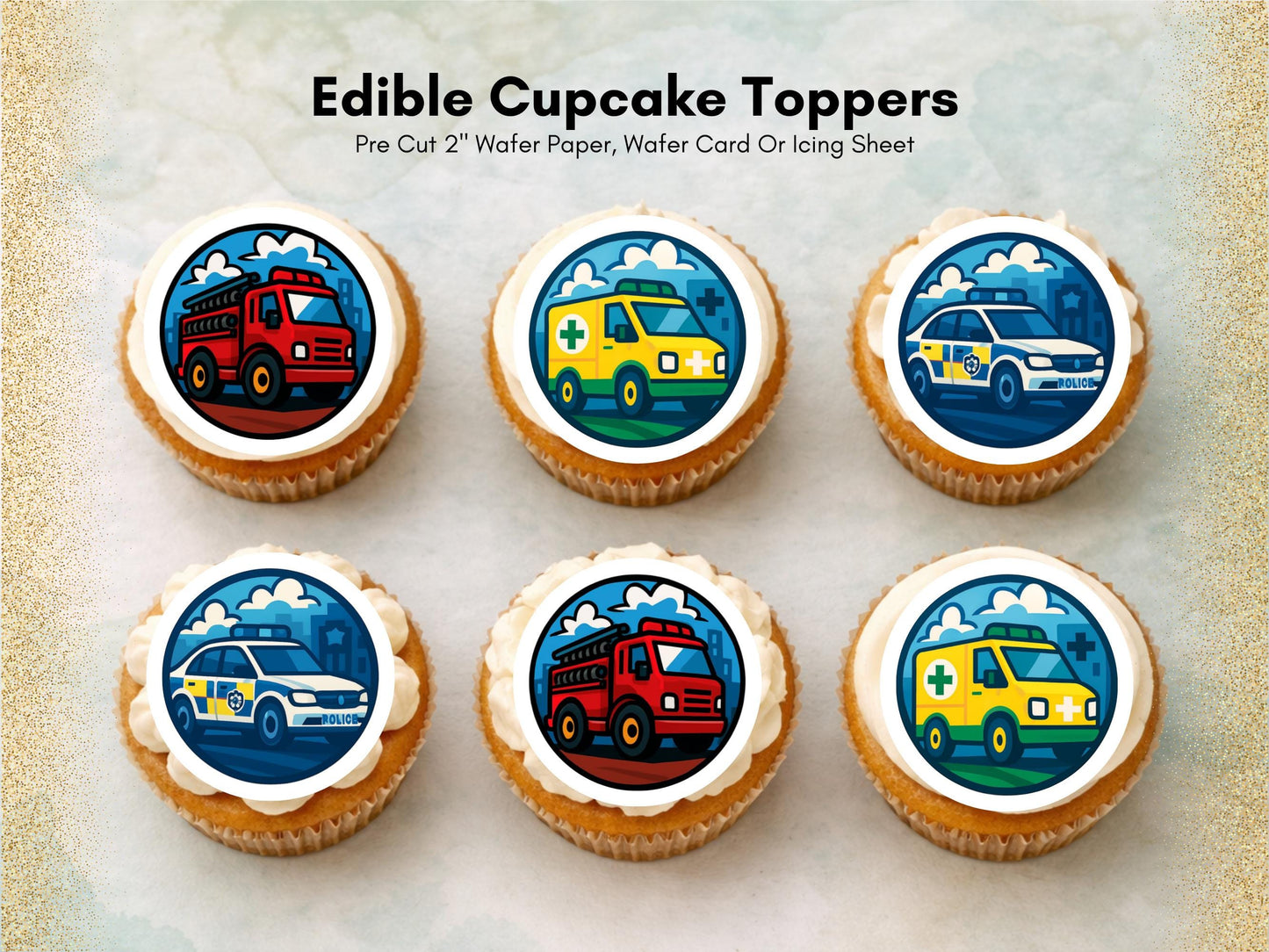 Emergency Vehicle Edible Cupcake Toppers – Fire Engine, Ambulance, Police Car (2" Pre-cut)
