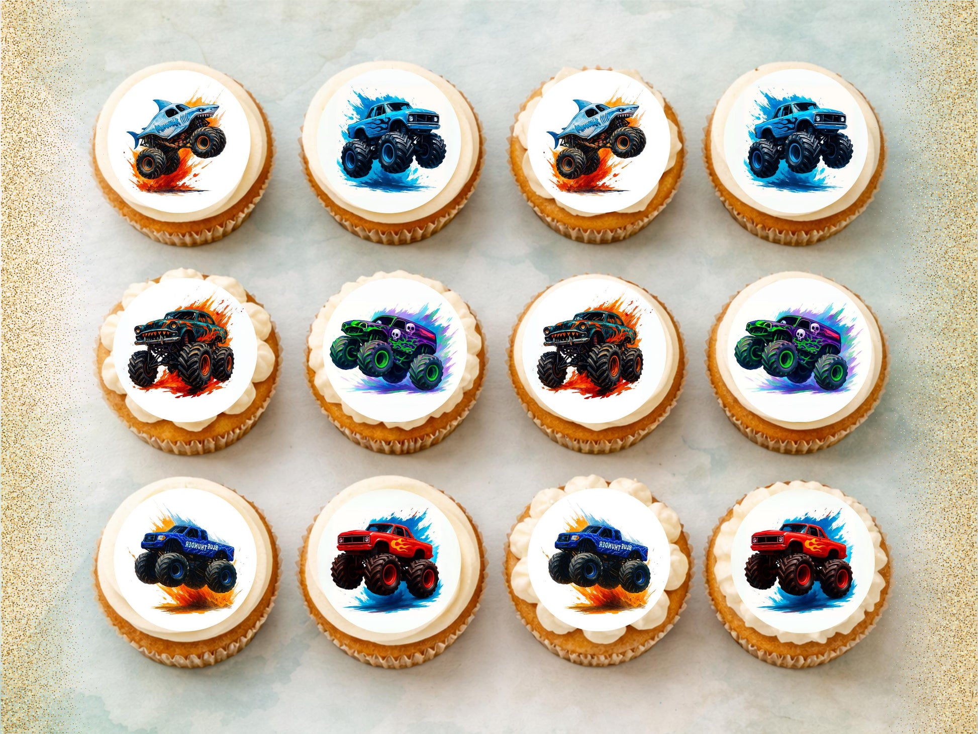 Monster Truck Birthday Edible Cupcake Toppers – Personalized Decoration