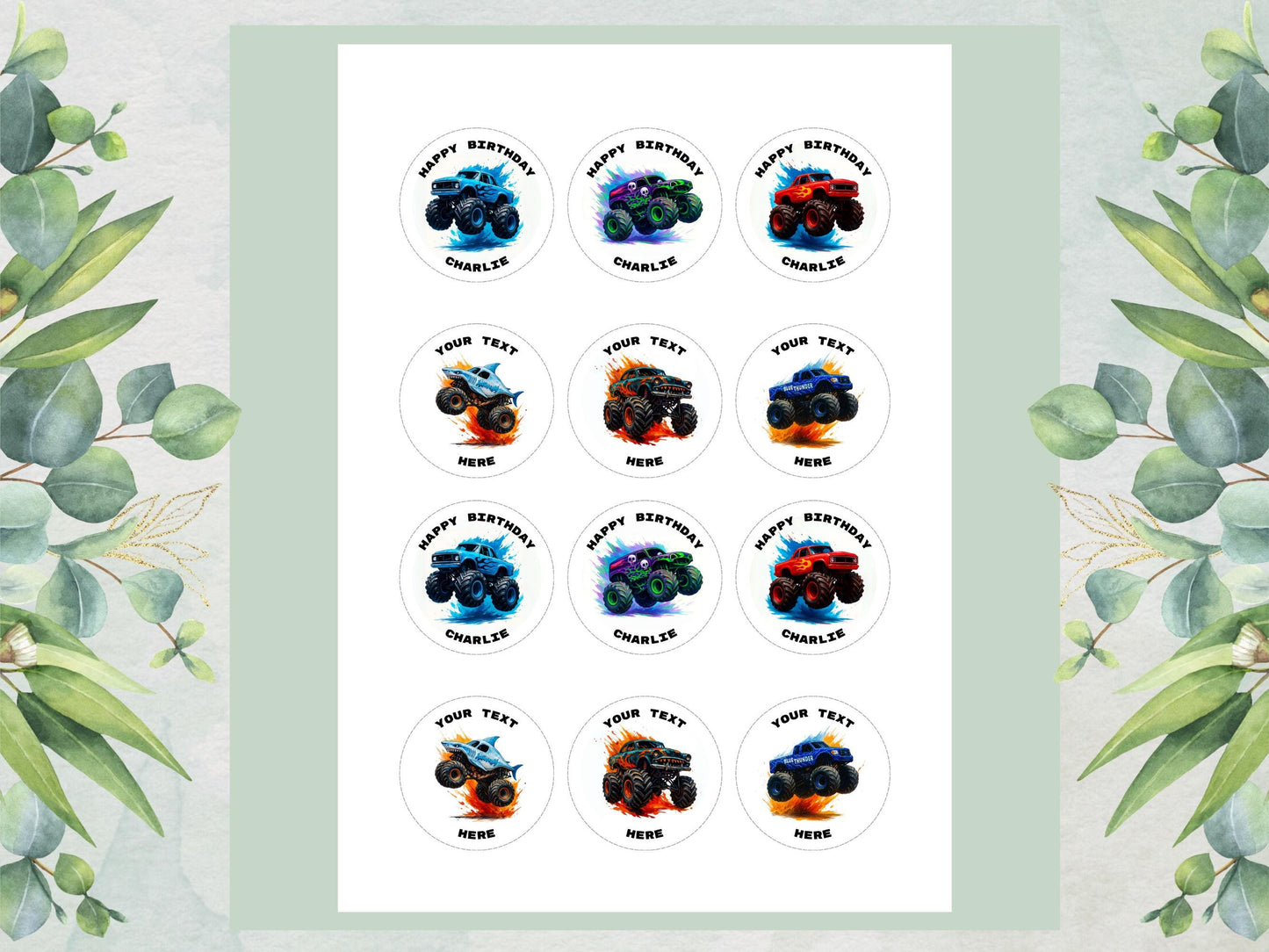 Monster Truck Birthday Edible Cupcake Toppers – Personalized Decoration