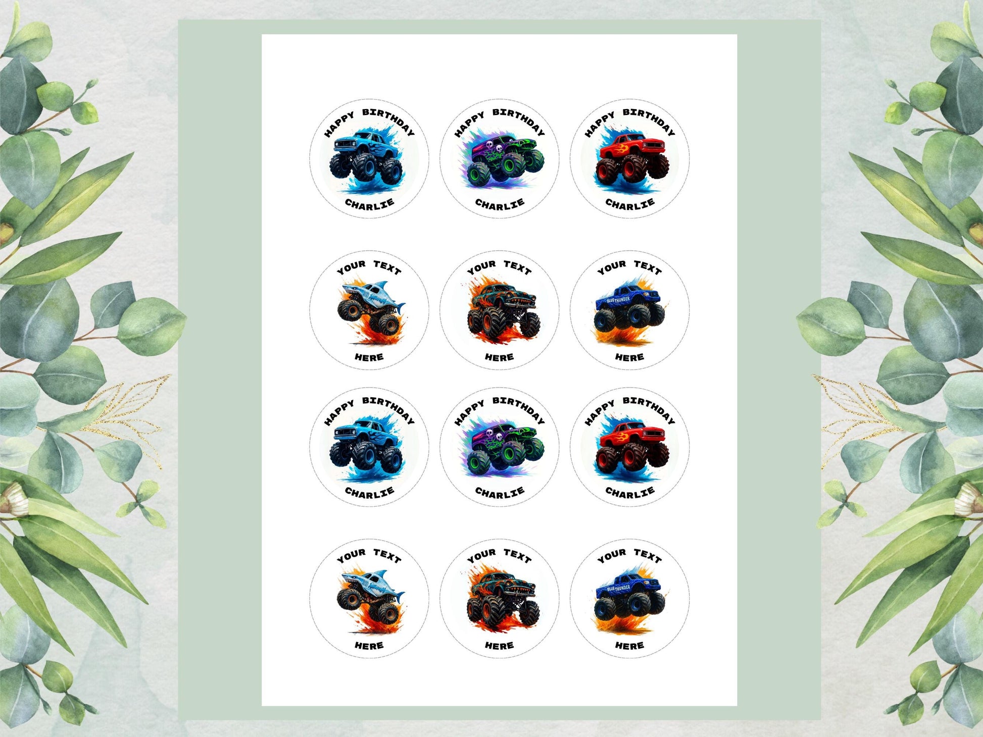 Monster Truck Birthday Edible Cupcake Toppers – Personalized Decoration