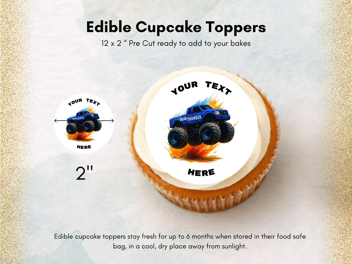 Personalised Monster Truck Edible Cupcake Toppers – Happy Birthday Cake Decoration