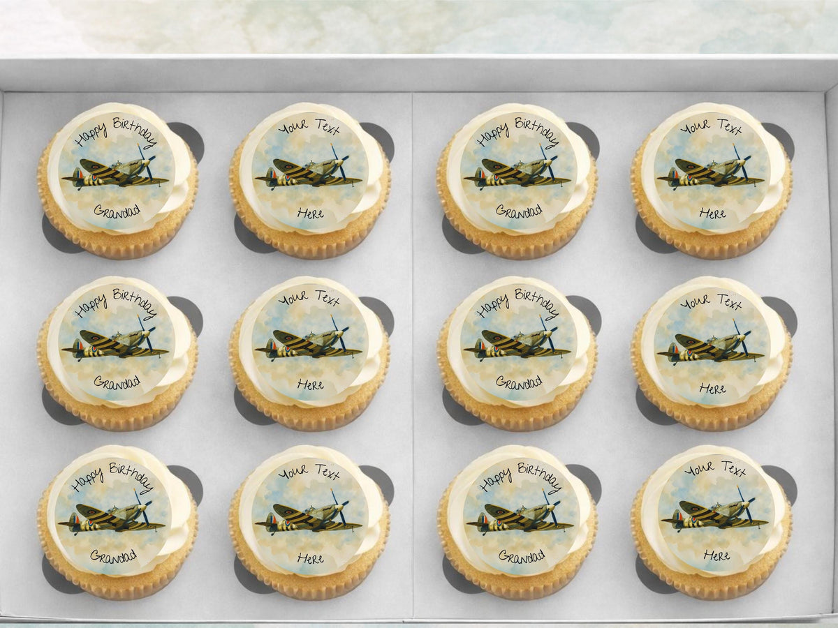 Personalised Spitfire Airplane Edible Cupcake Toppers – Airshow Cake Decorations