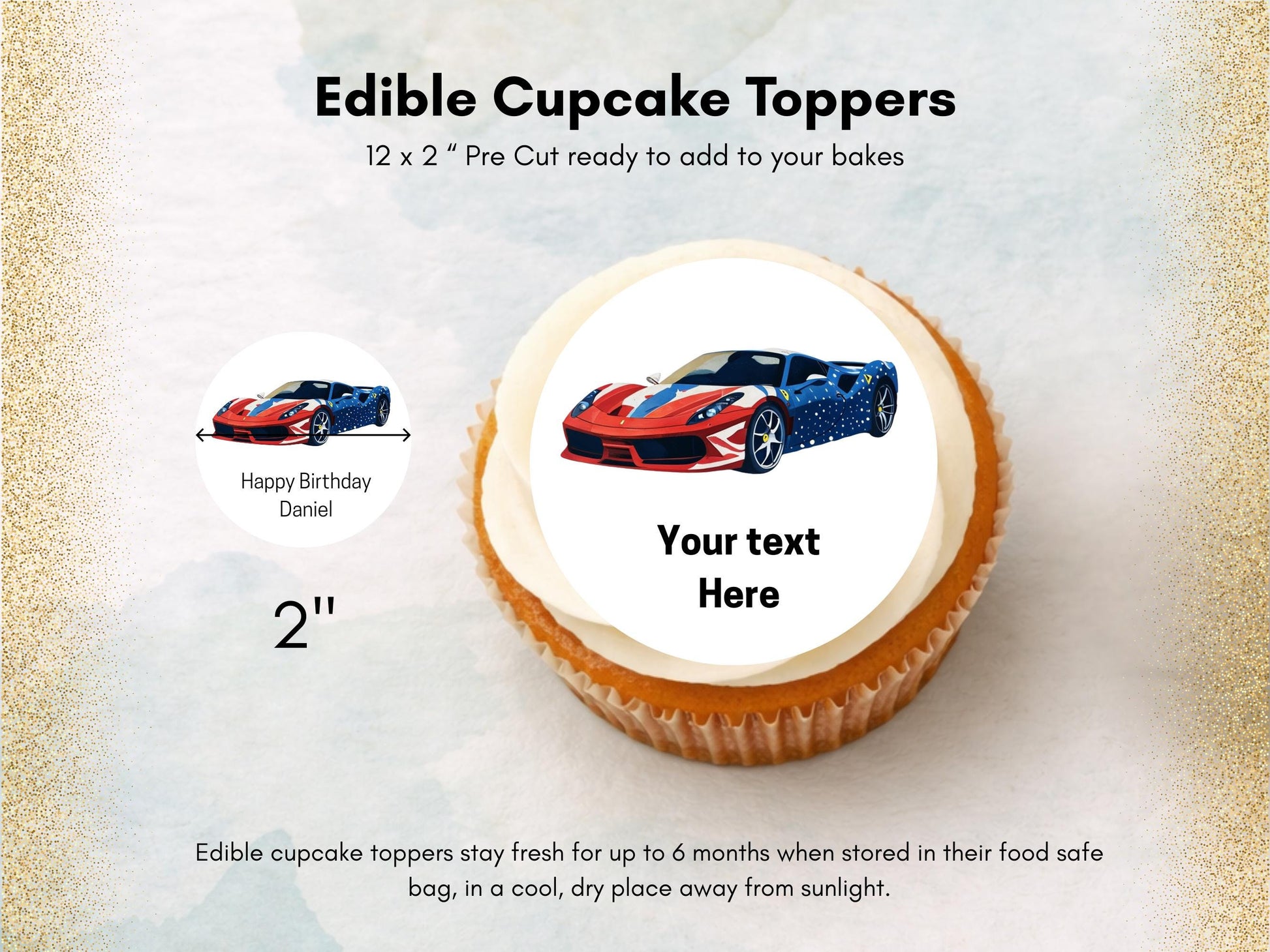 Personalised Sports Car Edible Cupcake Toppers - 2" Wafer Paper, Card, Icing Sheet