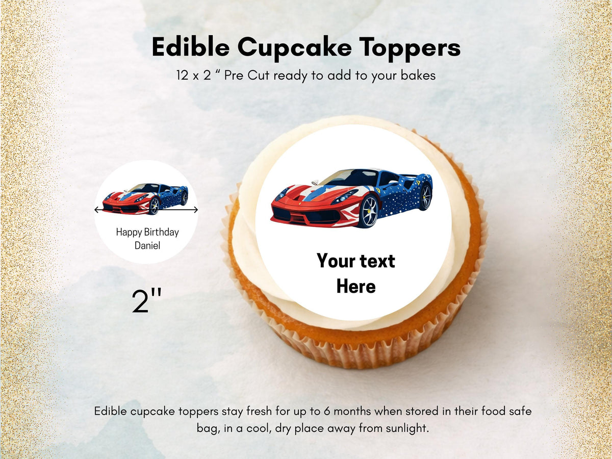 Personalised Sports Car Edible Cupcake Toppers - 2" Wafer Paper, Card, Icing Sheet