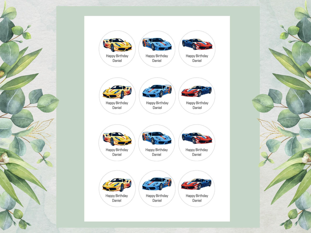 Personalised Sports Car Edible Cupcake Toppers - 2" Wafer Paper, Card, Icing Sheet