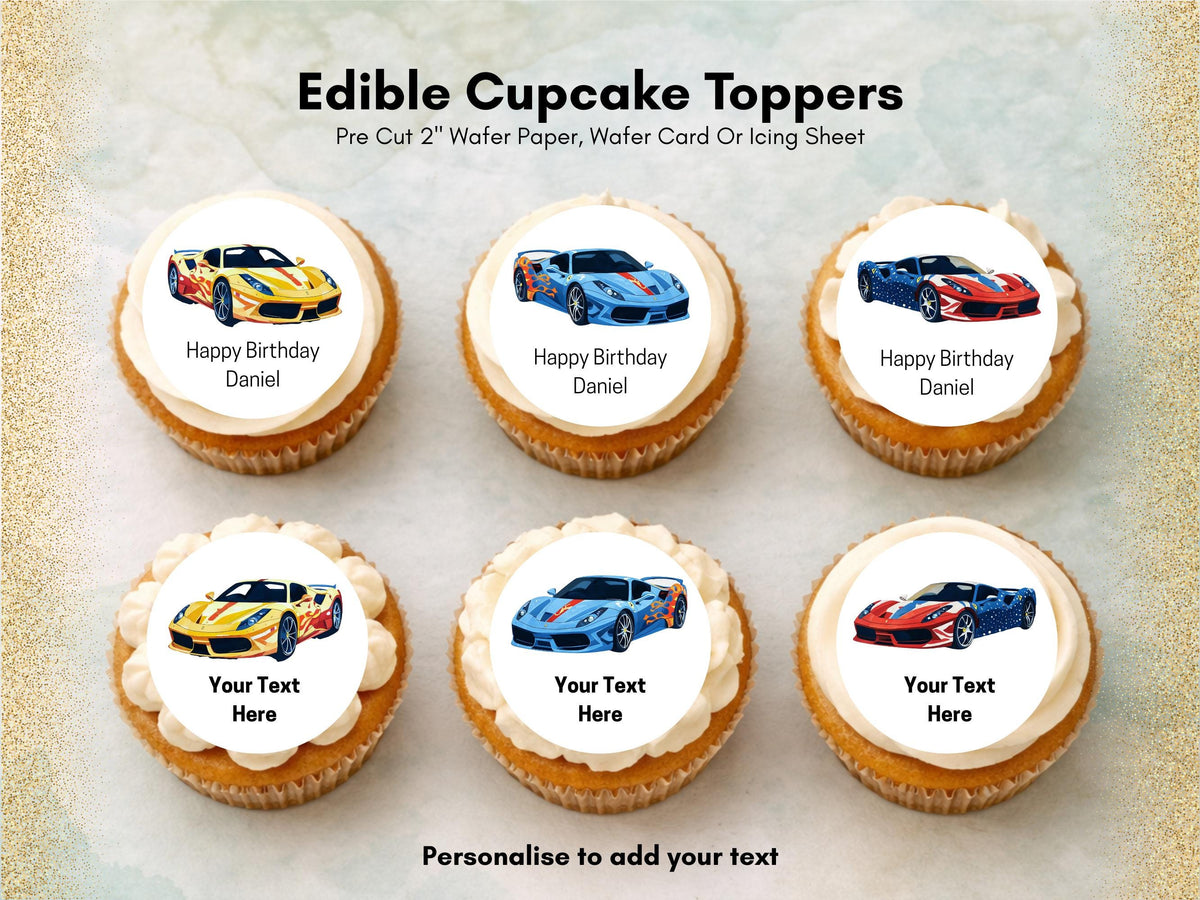 Personalised Sports Car Edible Cupcake Toppers - 2" Wafer Paper, Card, Icing Sheet