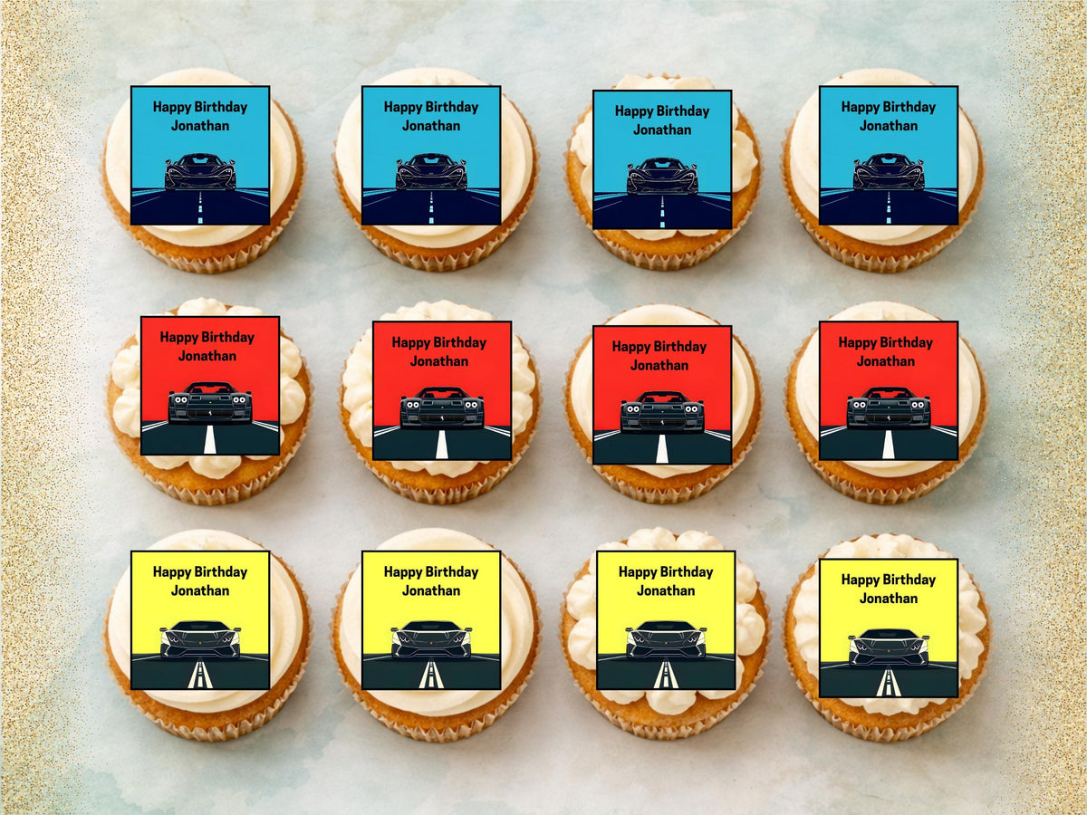 Personalised Sports Car Edible Cupcake Toppers - 2" Wafer Paper, Card, Icing Sheet