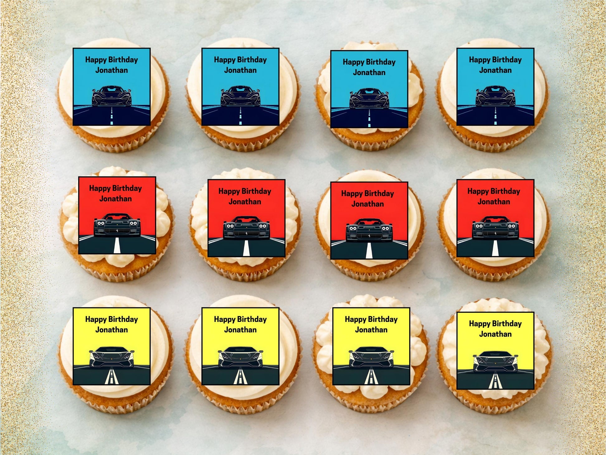 Personalised Sports Car Edible Cupcake Toppers - 2" Wafer Paper, Card, Icing Sheet