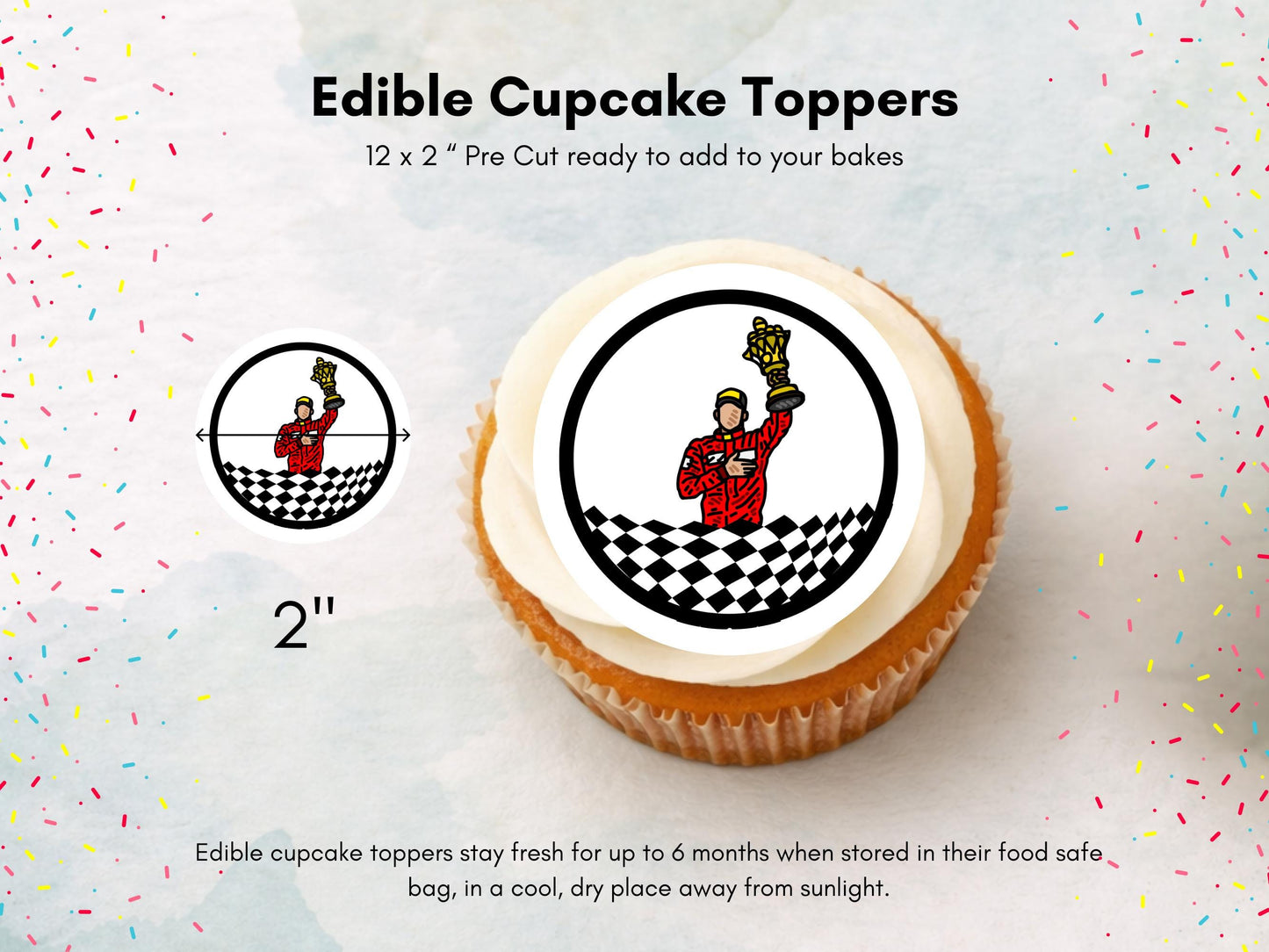 Racing Car Edible Cupcake Toppers – Sports Party Decorations (Wafer Paper, Card or Icing Sheet)