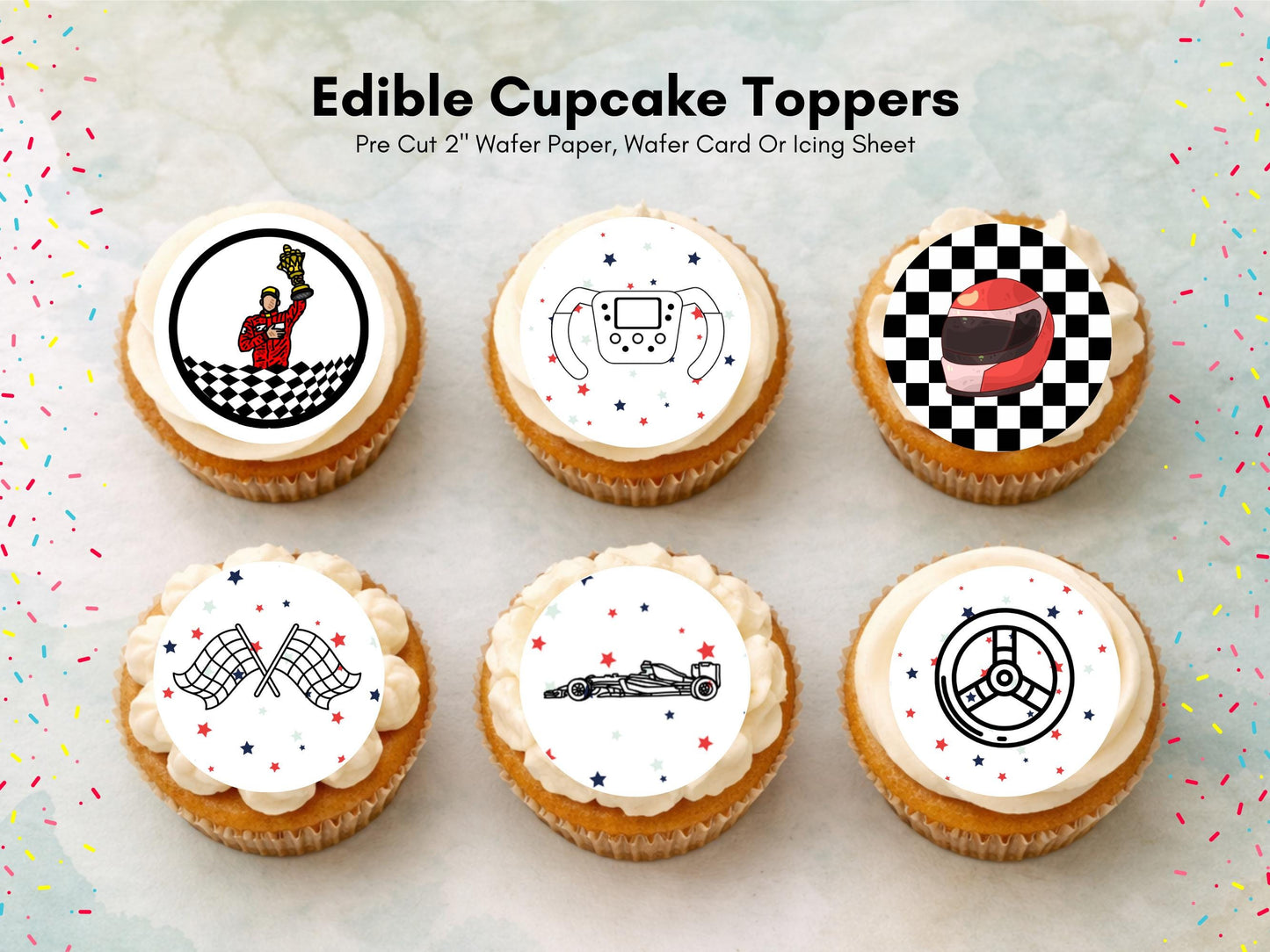 Racing Car Edible Cupcake Toppers – Sports Party Decorations (Wafer Paper, Card or Icing Sheet)