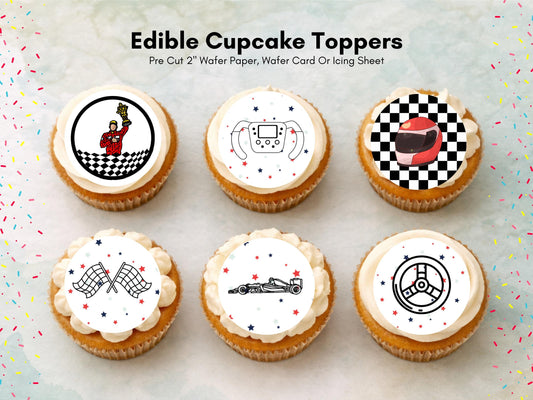Racing Car Edible Cupcake Toppers – Sports Party Decorations (Wafer Paper, Card or Icing Sheet)