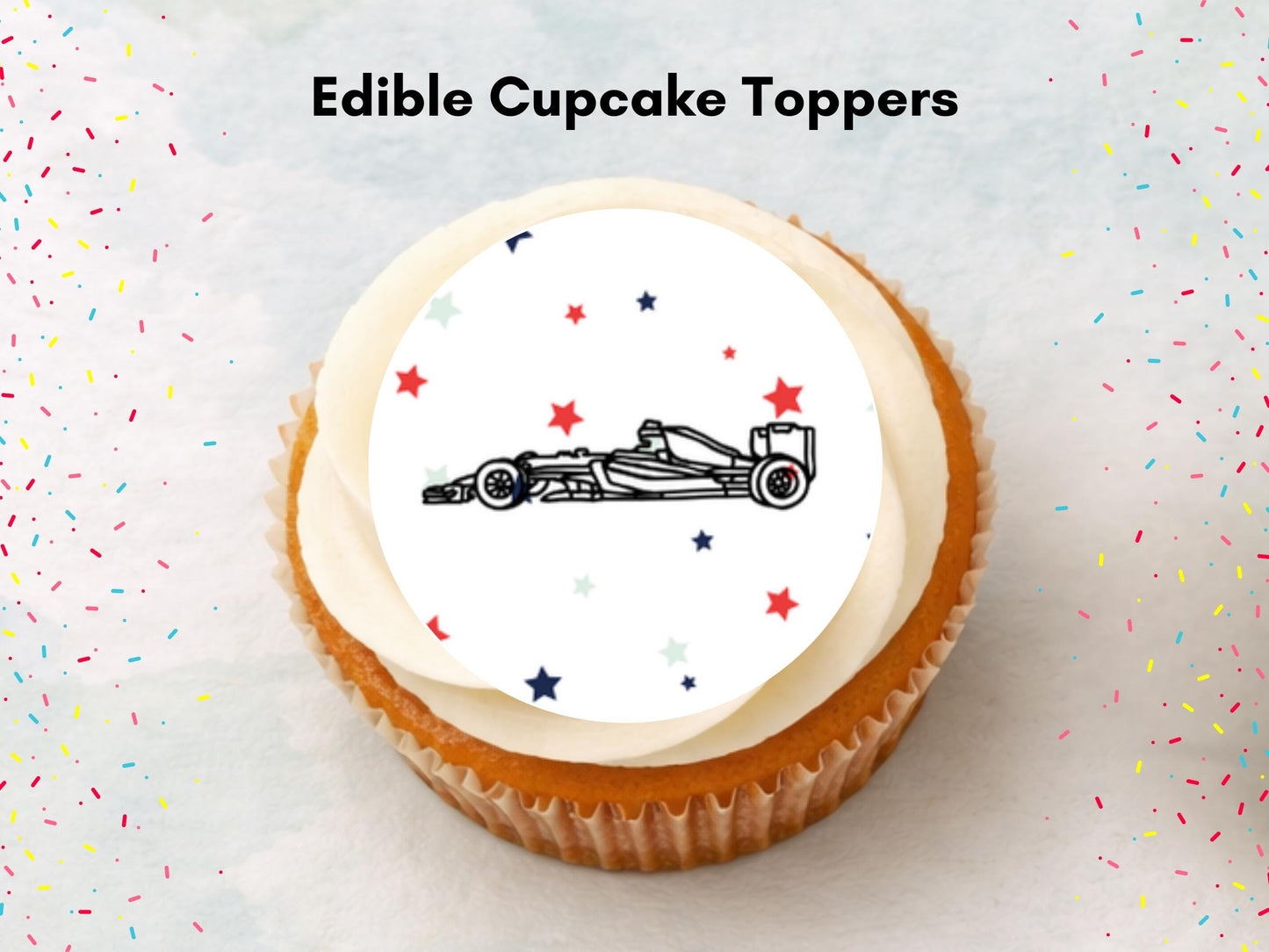 Racing Car Edible Cupcake Toppers – Sports Party Decorations (Wafer Paper, Card or Icing Sheet)
